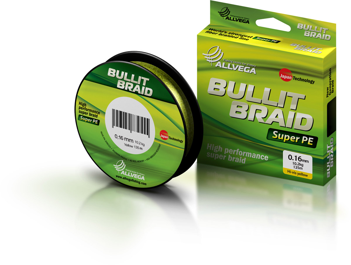 

Леска плетеная Allvega Bullit Braid 0,16 мм, 135 м, 10 кг, yellow, Желтый, Bullit Braid