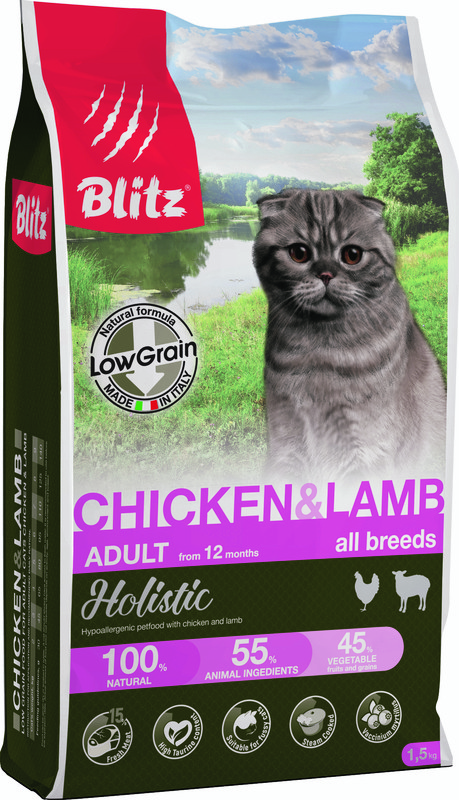 фото Сухой корм для кошек blitz holistic adult, низкозерновой, курица и ягненок, 1,5кг