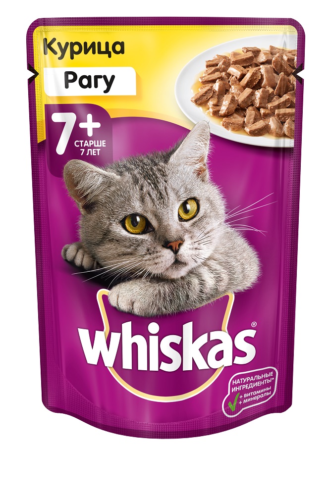 Влажный корм для кошек Whiskas старше 7 лет, рагу с курицей, 85г