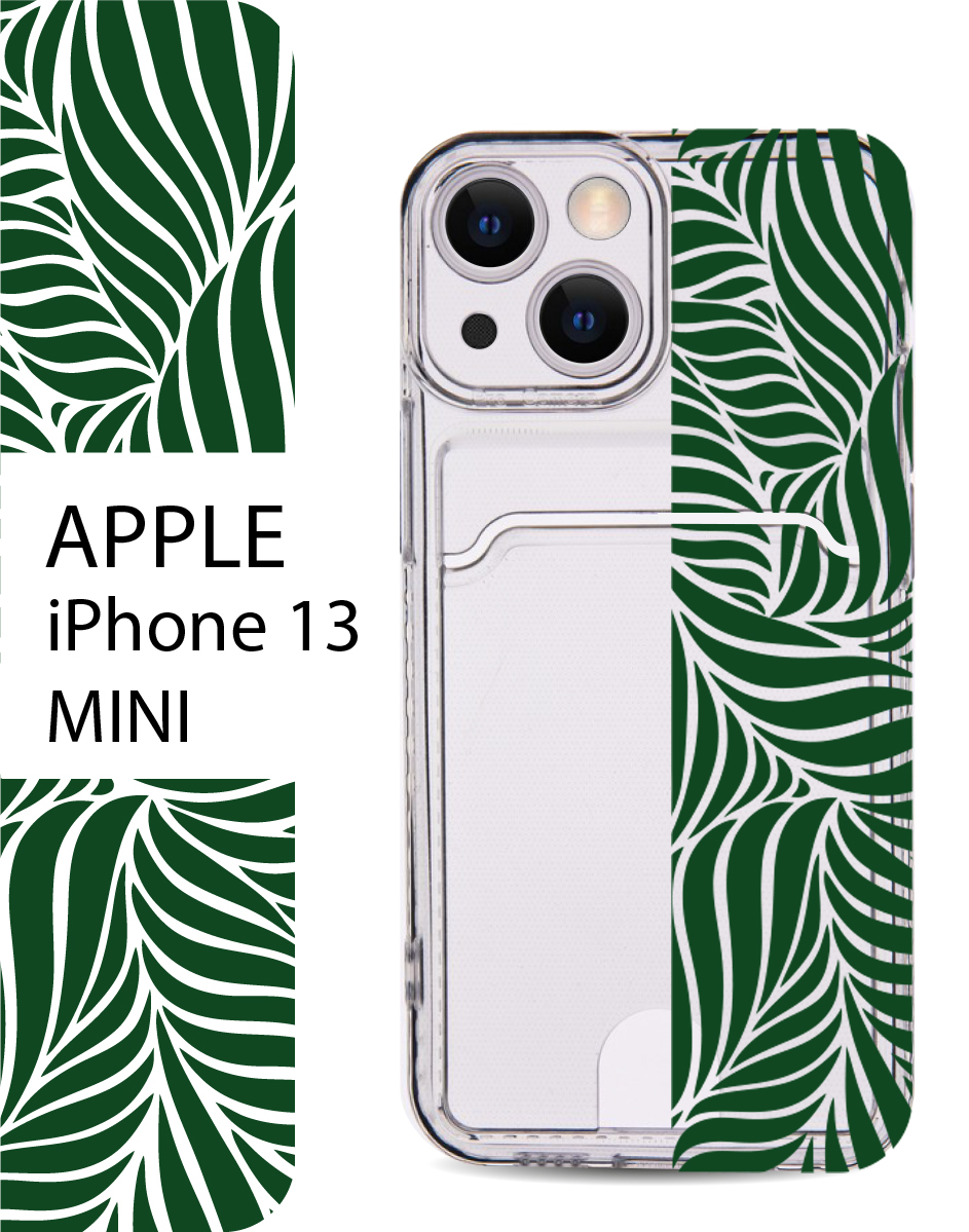 

Чехол на Apple iPhone 13 Mini с карманом для банковской карты и принтом, Зеленый;черный, Apple iPhone 13 Mini