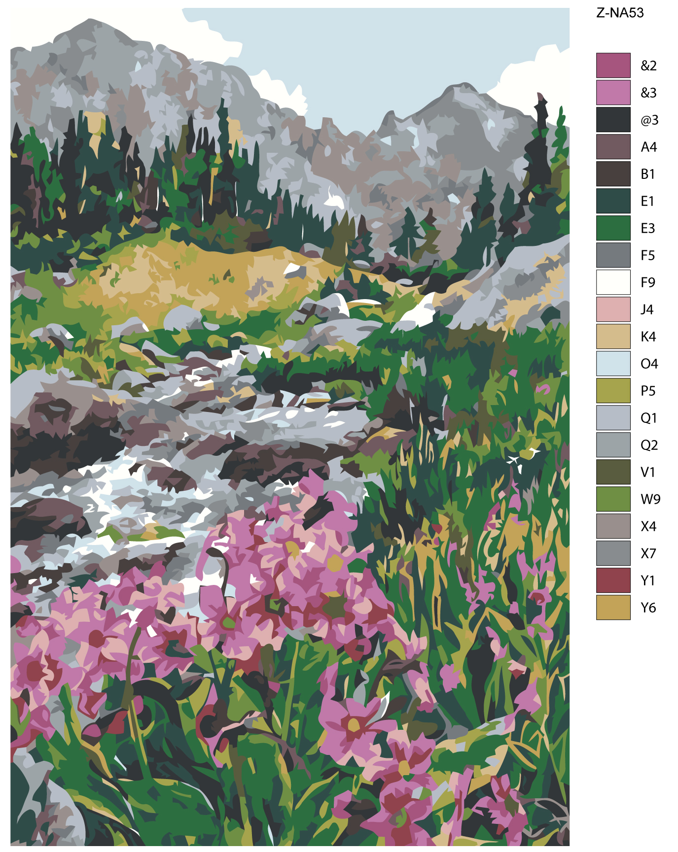 

Картина по номерам, Живопись по номерам, 72 x 108, Z-NA53, Горная река с цветами, Z-NA53