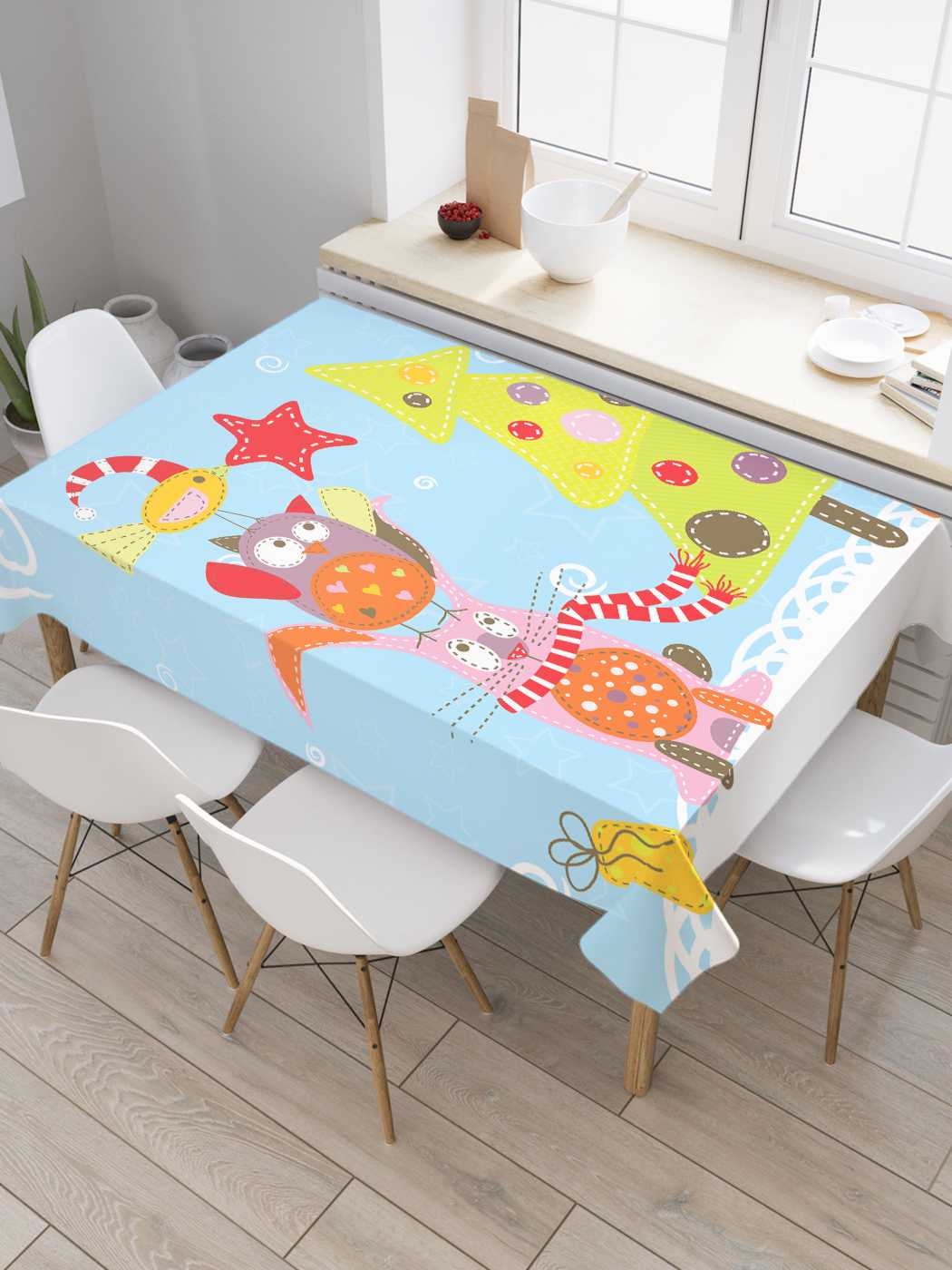 

Скатерть прямоугольная JoyArty "Совы наряжают елку" из оксфорда, 180x145 см, Совы наряжают елку