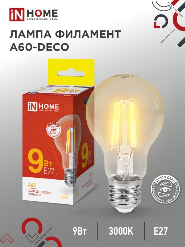 

Лампа светодиодная IN HOME LED A60-deco 9Вт 230В Е27 3000К 1040Лм прозрачная