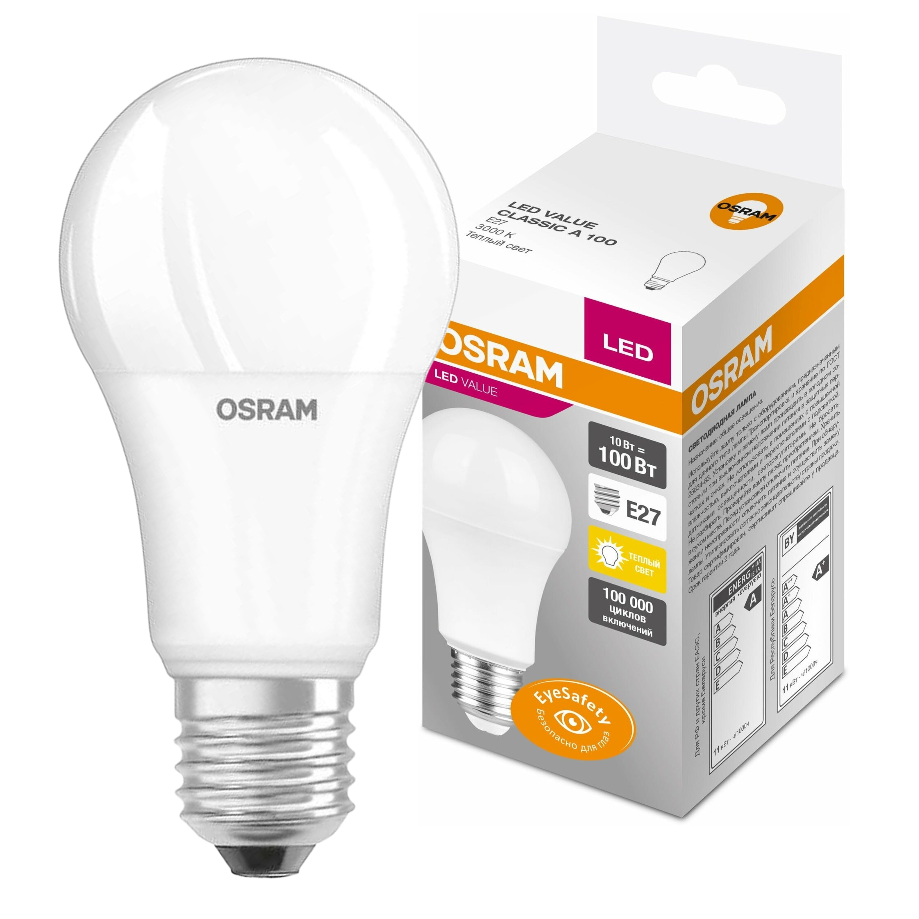 

Лампа E27 Osram LED BASE CLASSIC A 10W/830, замена 100 Вт, 1000лм, 3000К, теплый свет