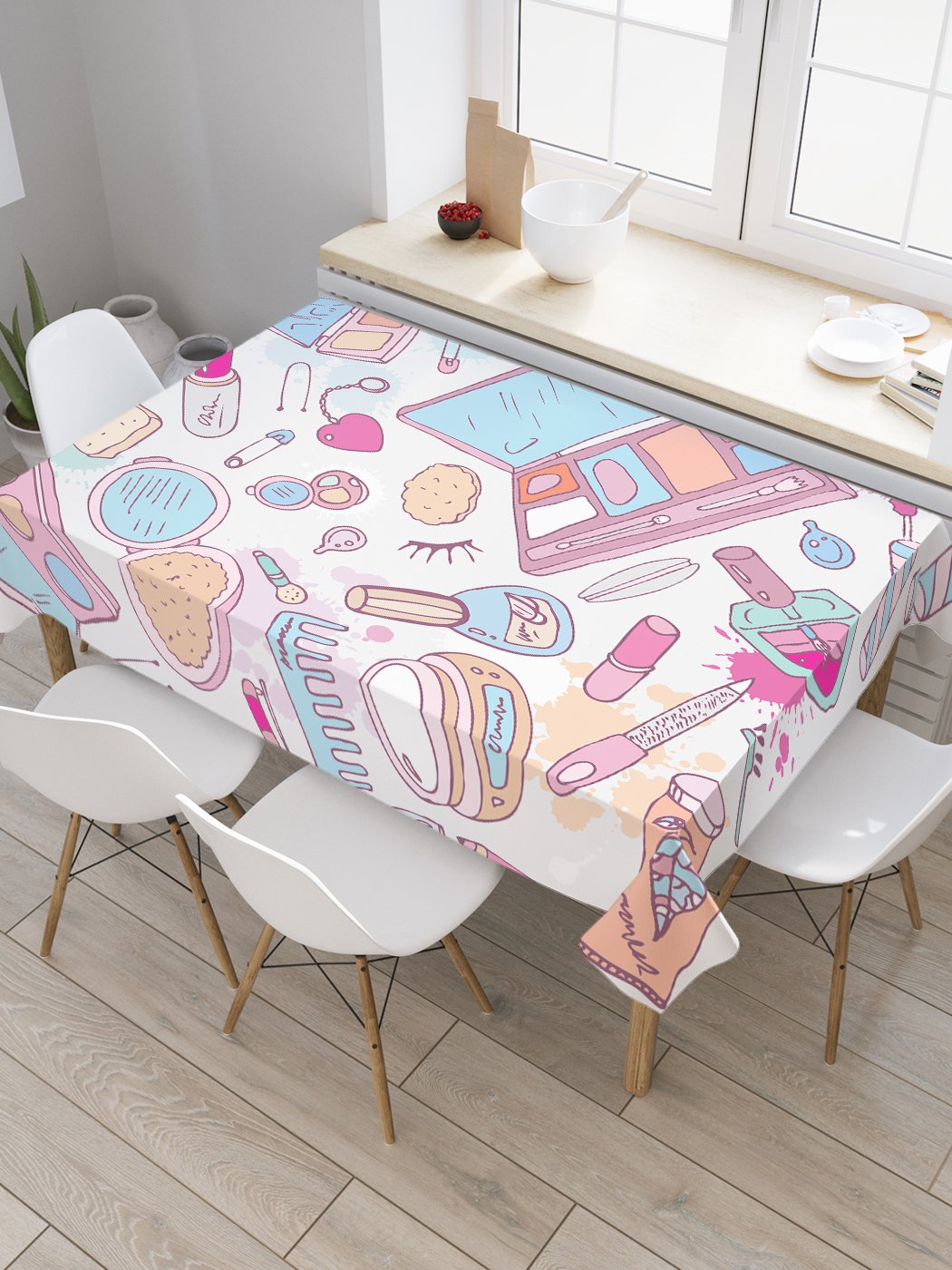 

Скатерть прямоугольная JoyArty "Косметичка модницы" из сатена, 120x145 см, Розовый, Косметичка модницы