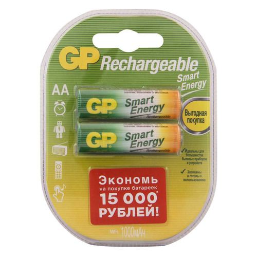 

AA Аккумуляторная батарейка GP Smart Energy 100AAHCSV, 2 шт. 1000мAч, 100AAHCSV