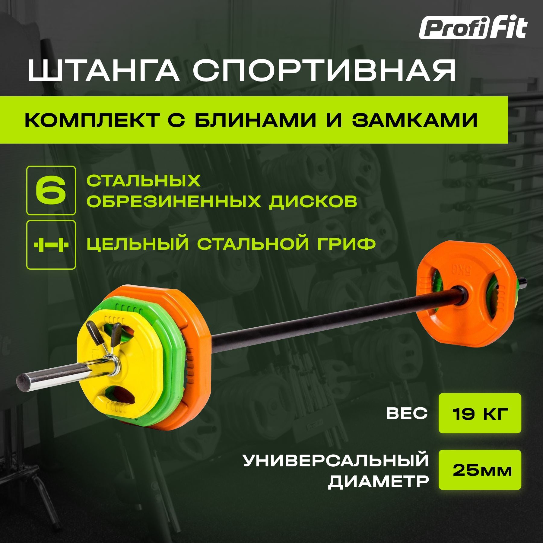Штанга спортивная (Бодипамп) PROFI-FIT, комплект с блинами, разборная, 19 кг
