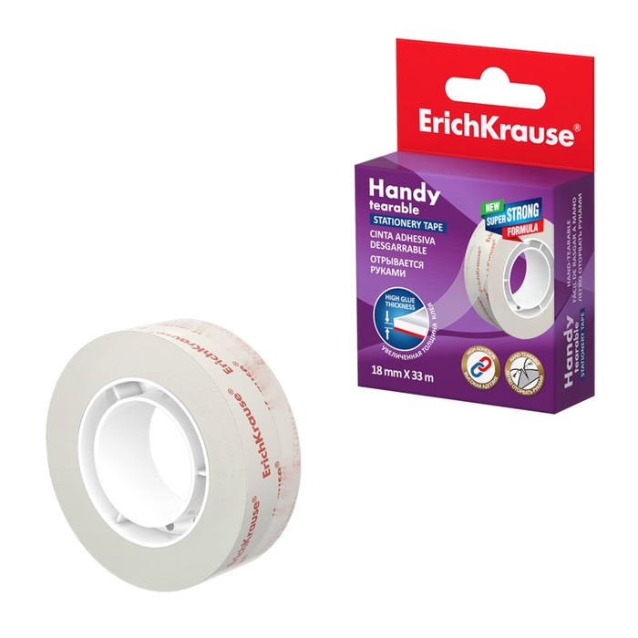 

Клейкая лента канцелярская, 18 мм х 33 м, ErichKrause "Handy tearable", усиленная, отрывае, Белый
