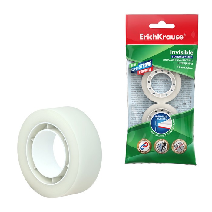 

Клейкая лента канцелярская 18 мм х 20 м ErichKrause Invisible матовая цена за 1шт. (2 шт.), Прозрачный