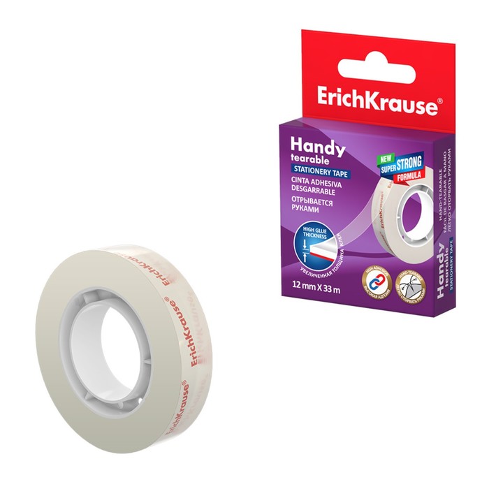 

Клейкая лента канцелярская, 12 мм х 33 м, ErichKrause "Handy tearable", усиленная, отрывае, Прозрачный