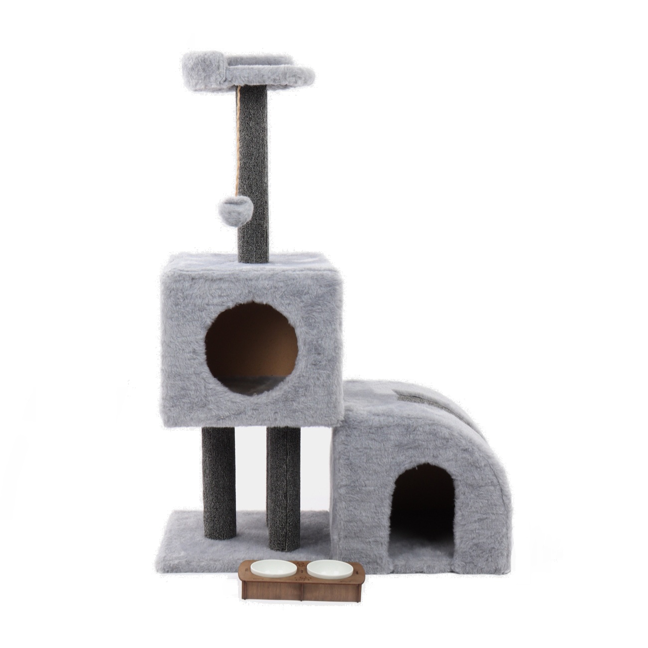 Комплекс для кошек Меридиан, с мисками на подставке, серый, мех, ДСП, 37х75х110 см