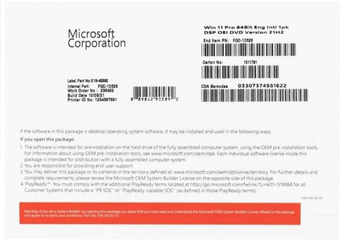 

ПО Microsoft Windows 11 Pro 64Bit Eng Intl 1pk DSP OEI DVD (FQC-10528)