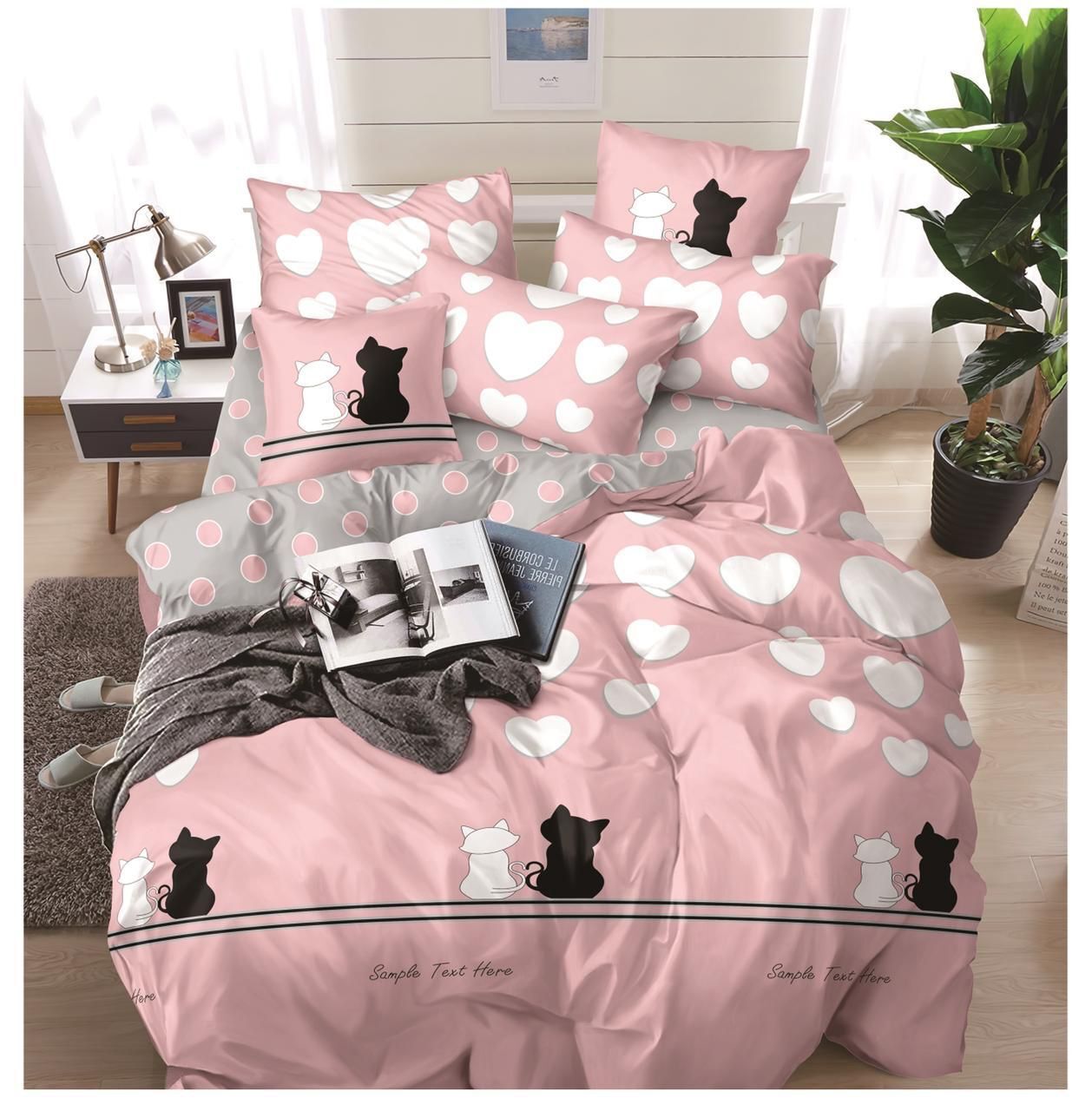 Комплект постельного белья Mency House Евро Кошки на розовом