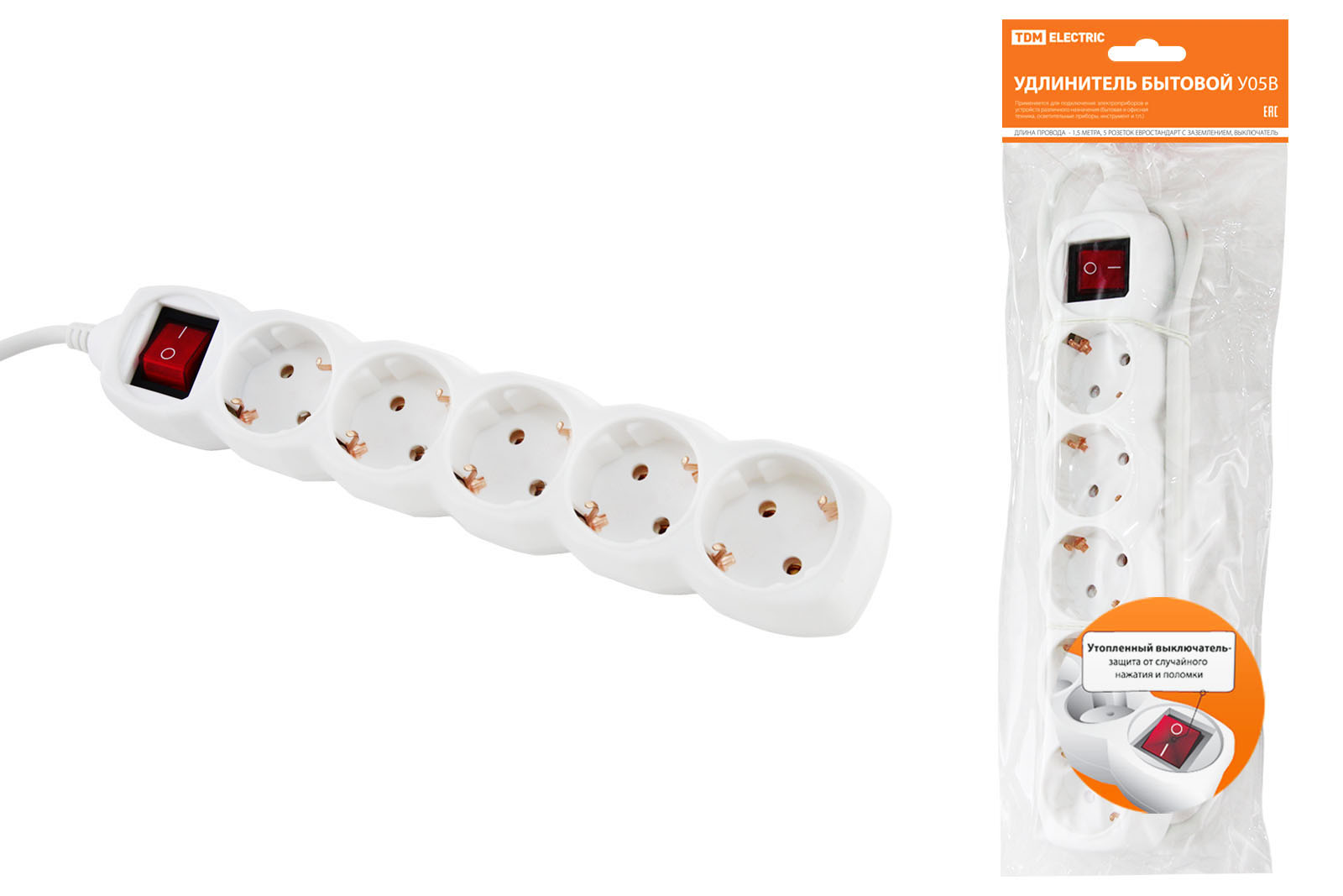 

Удлинитель бытовой У05В выключатель, 5 гнезд, 1,5метров, с заземлением, ПВС 3х1мм2 16А/250