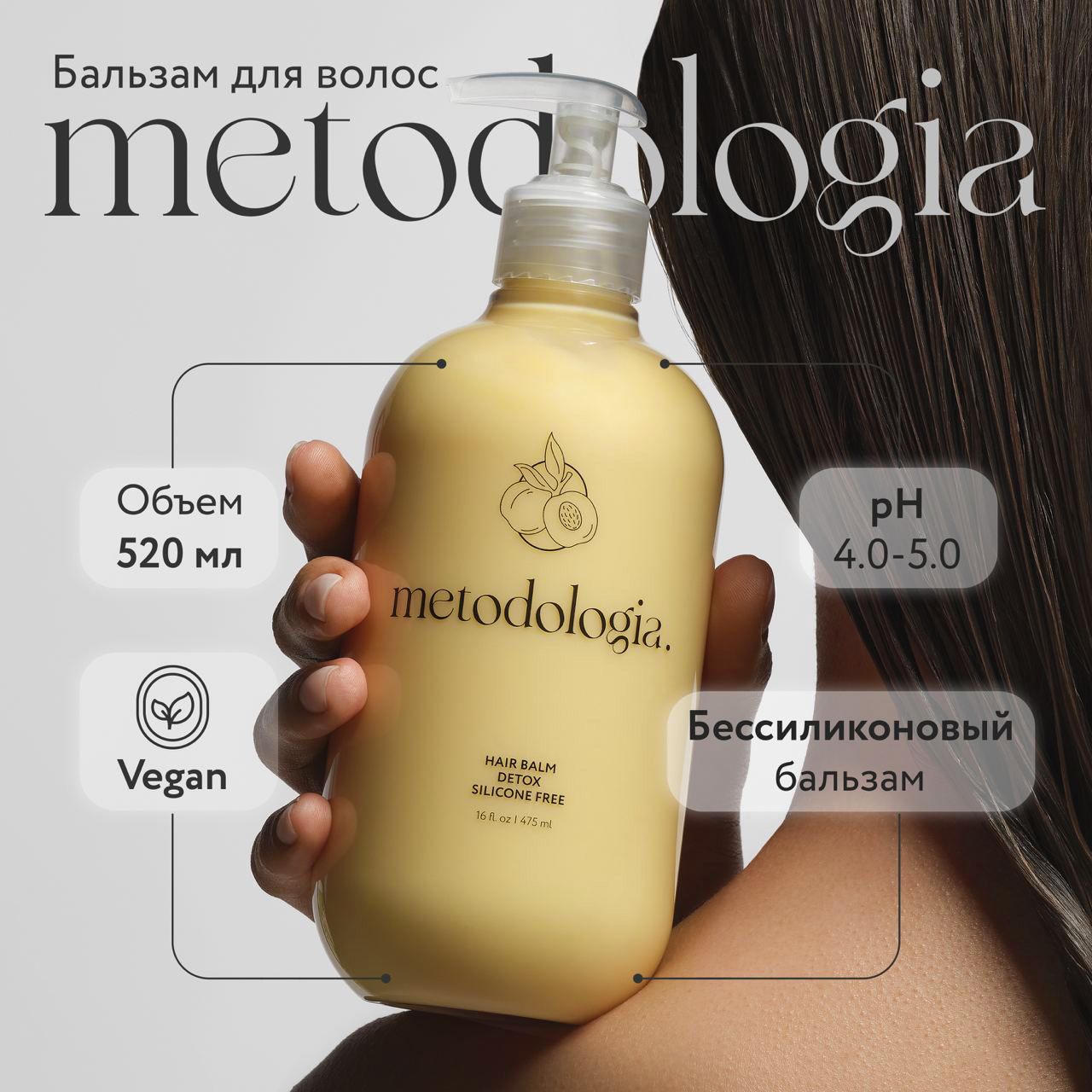 Бальзам-детокс Metodologia бессиликоновый Detox 520 мл бальзам кондиционер профессиональный для роста волос perfotesoro