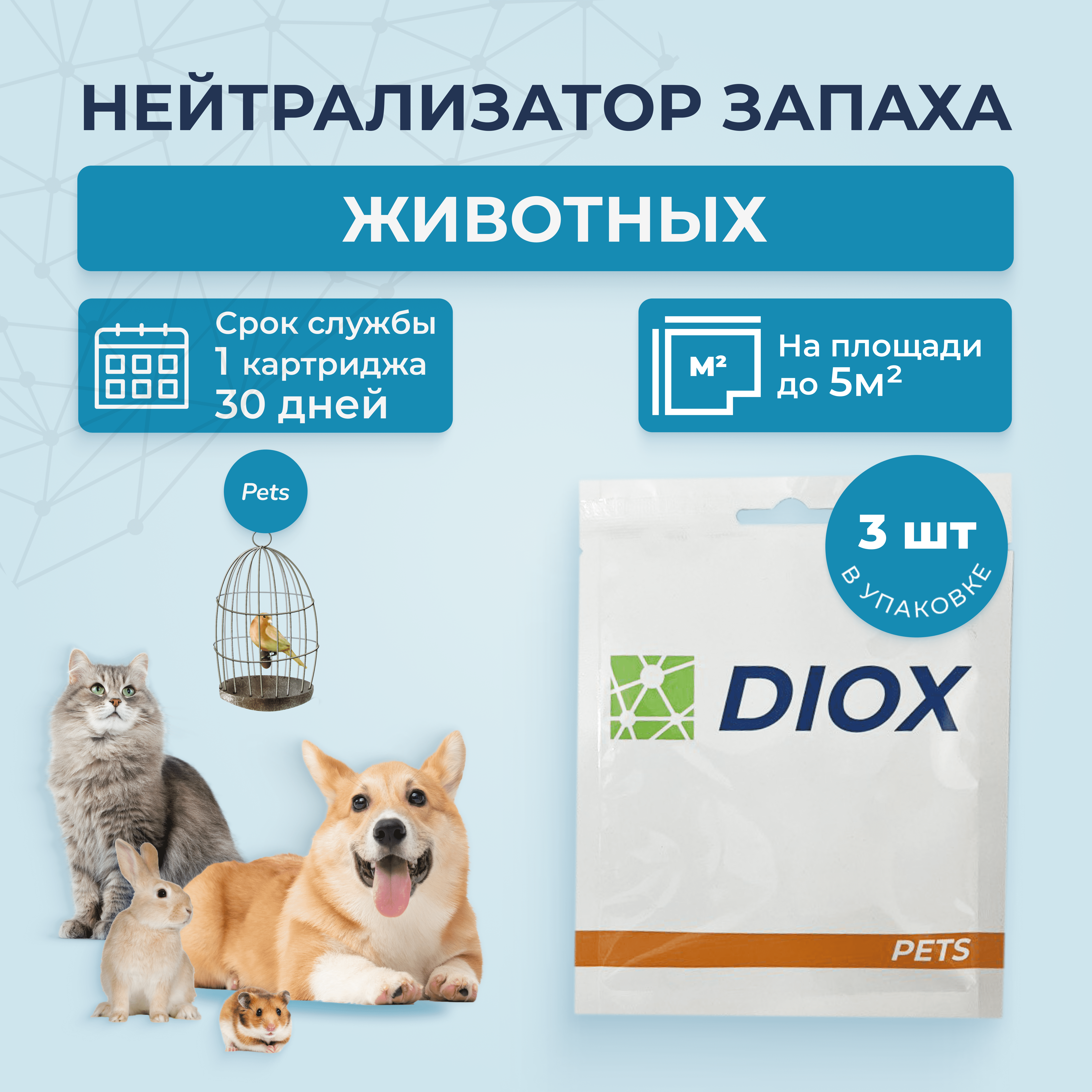 

Нейтрализатор запаха для животных Diox, 3 картриджа, 30г