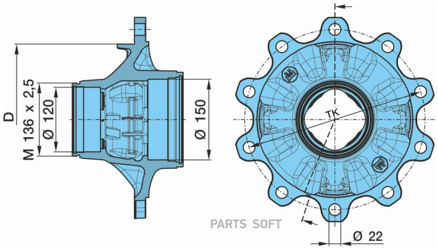 Ступица без подшипника D2808 M136x25 420x180 EcoPlus9T-Eco Seal 74 BPW 44360₽