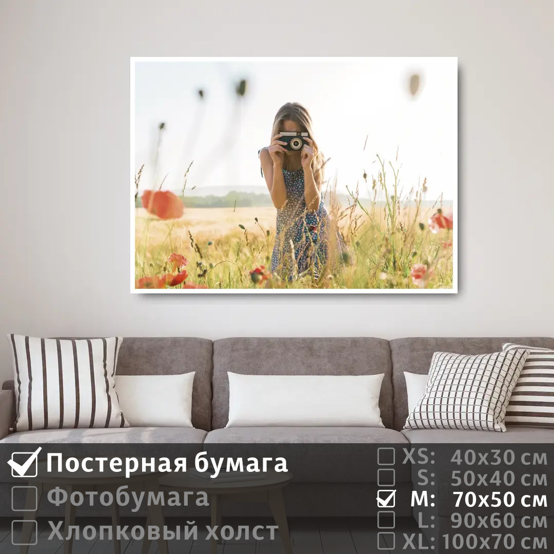 

Постер на стену ПолиЦентр Девушка с фотоаппаратом на лугу с маками 70х50 см, ДевушкаСФотоаппаратомНаЛугуСМаками