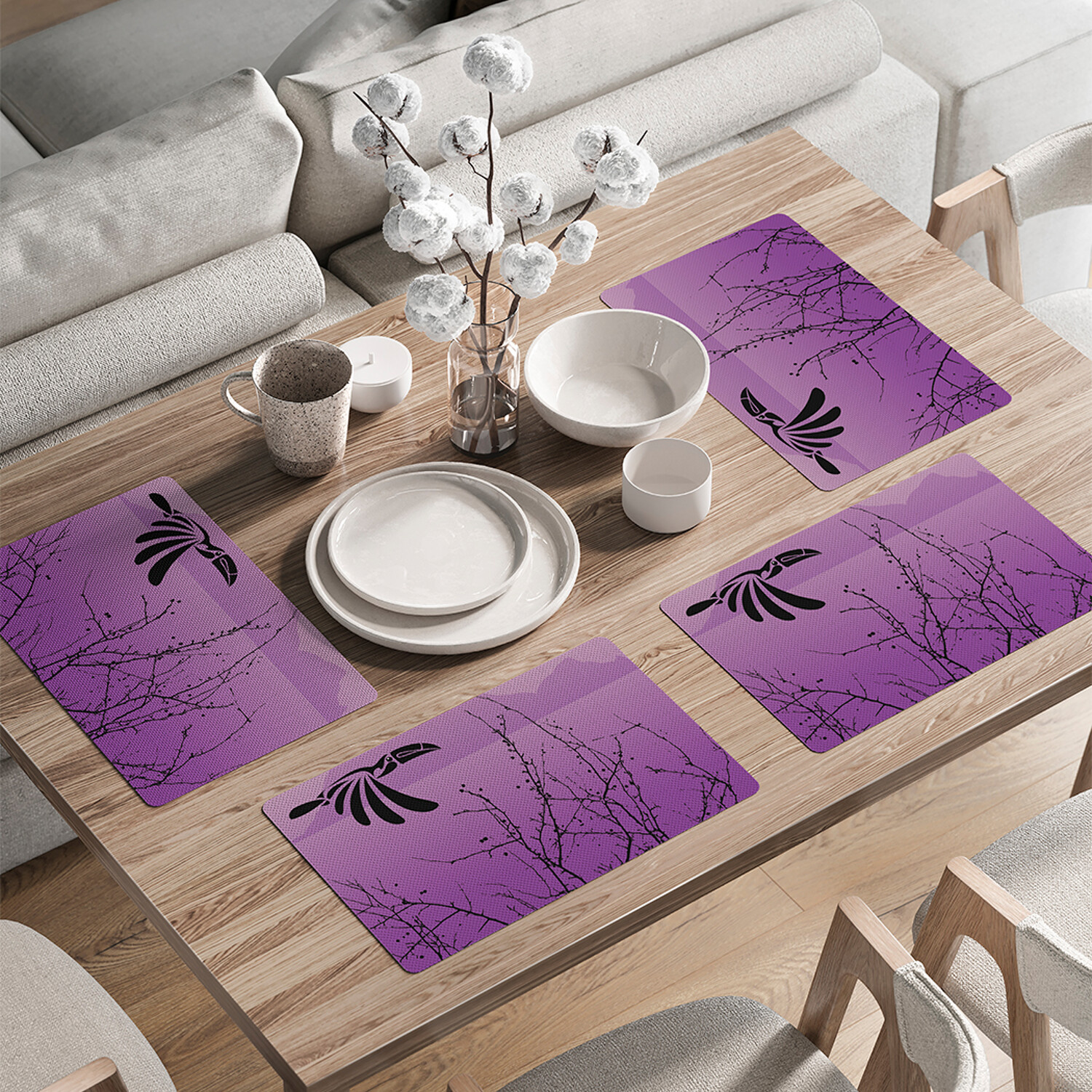 

Комплект тканевых салфеток JoyArty Тукан над озером для сервировки стола 46x30 см, 4шт, Фиолетовый, Тукан над озером