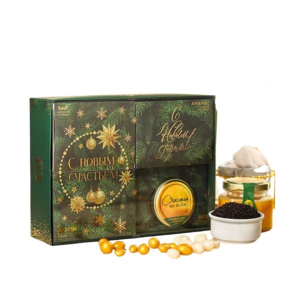 фото Подарочный набор с новым счастьем: чай + арахис + ананас в шоколаде + крем-мед фабрика счастья