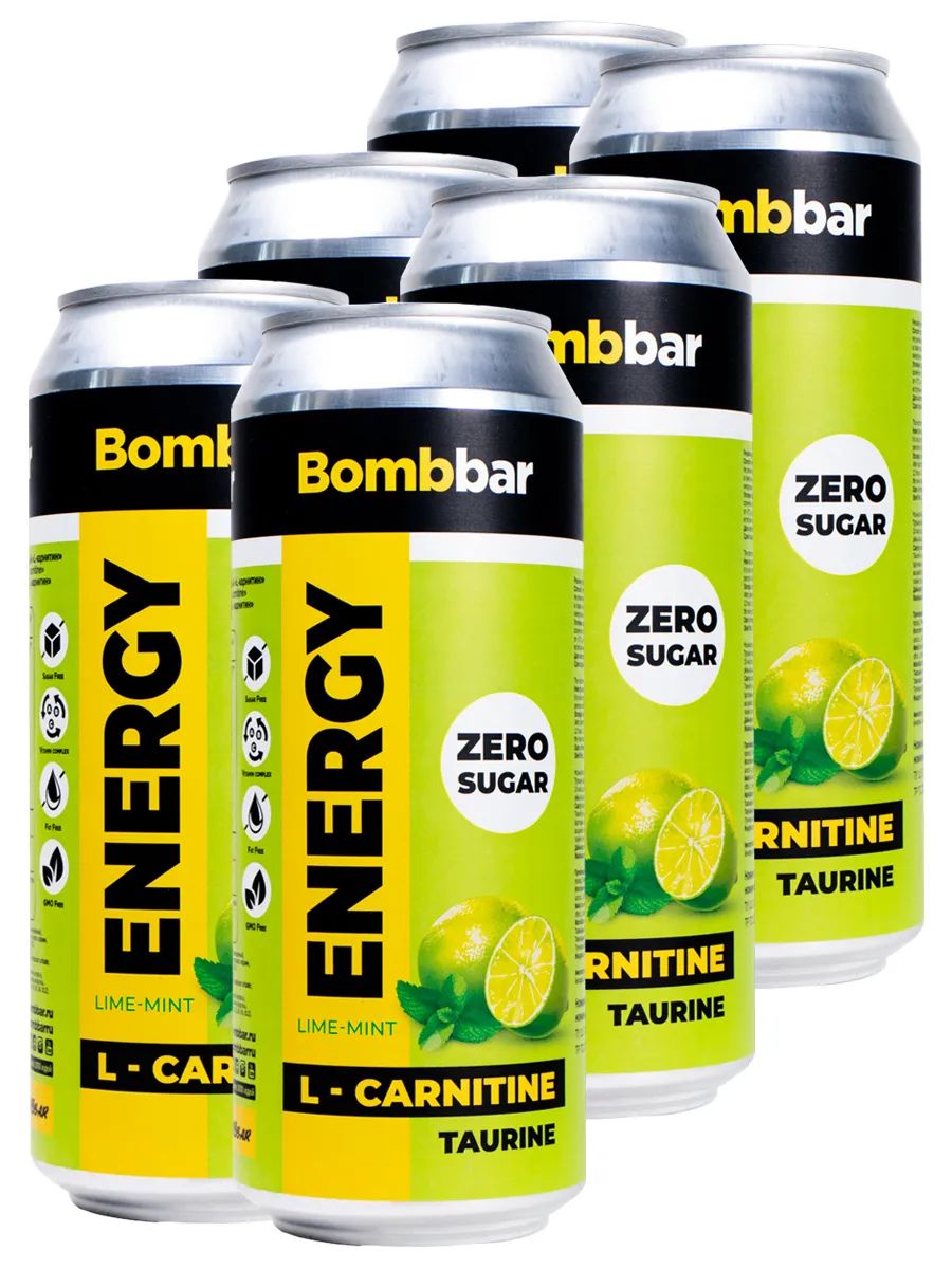 Энергетик напиток без сахара с Л-карнитином BOMBBAR ENERGY (Лайм-мята) 24шт по 500мл