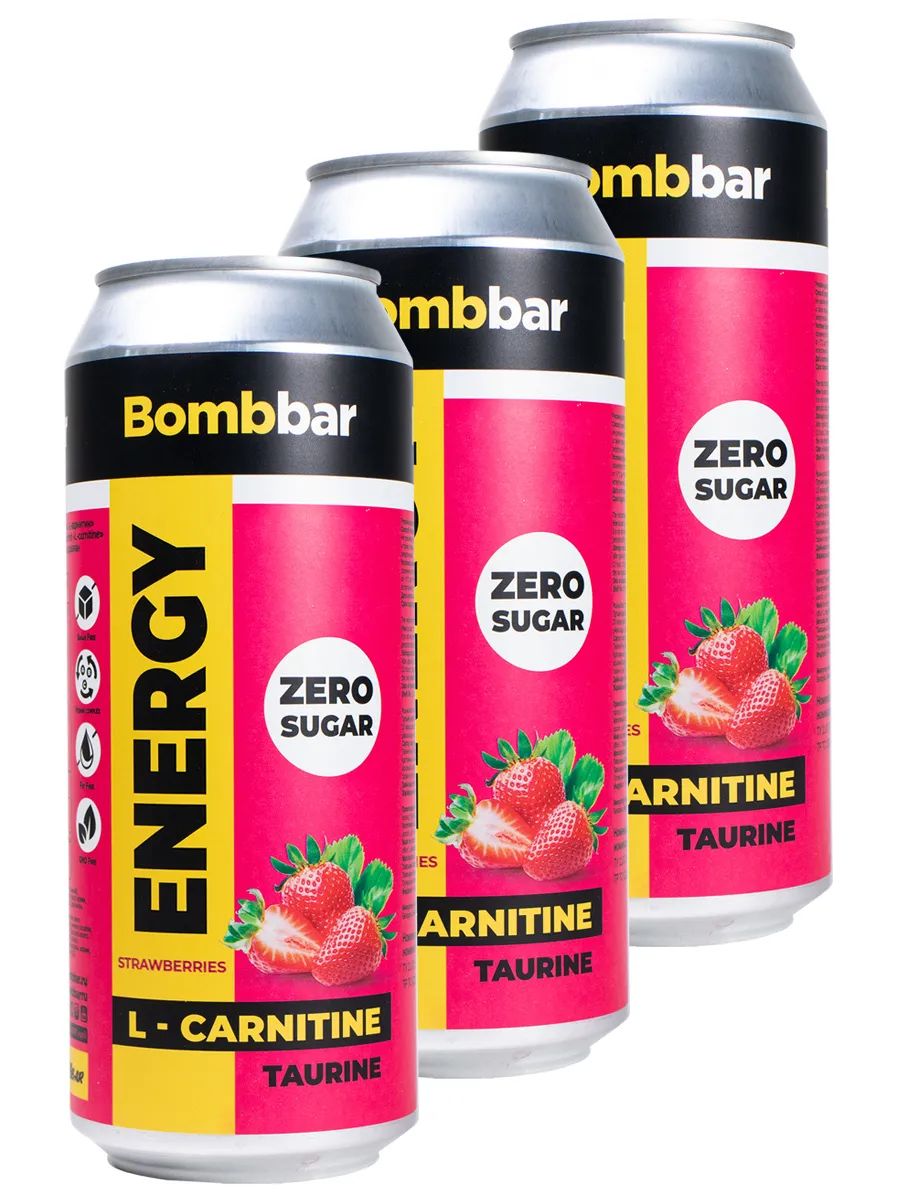 Энергетик напиток с Л-карнитином BOMBBAR ENERGY (Клубника-земляника) 24шт по 500мл