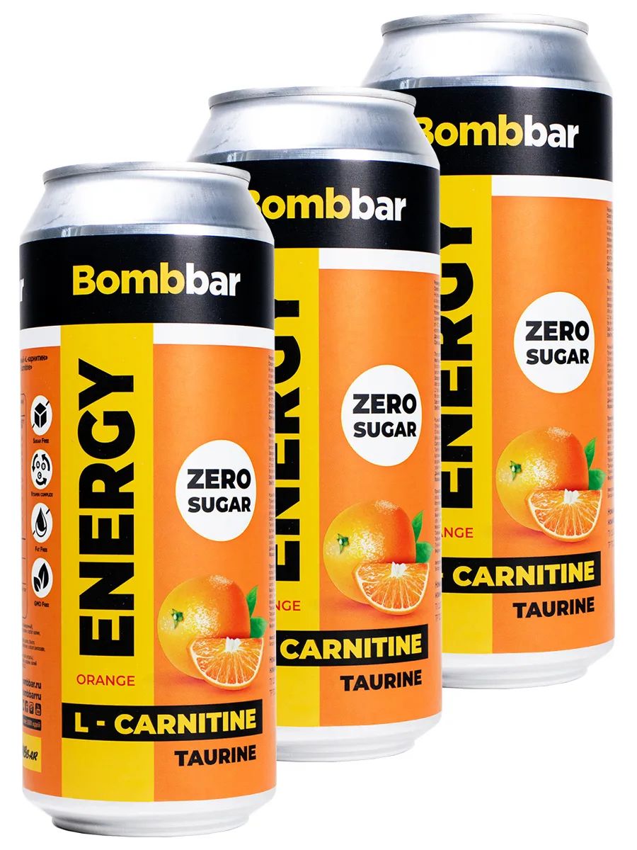 Энергетик напиток без сахара с Л-карнитином BOMBBAR ENERGY (Апельсин) 24шт по 500мл