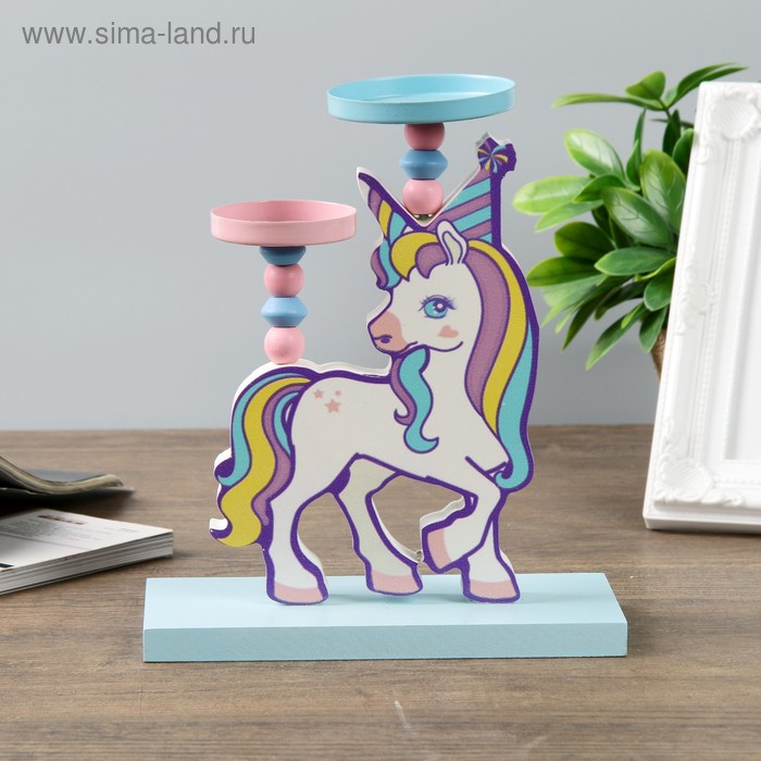

Подсвечник дерево на 2 свечи Единорог в радужном колпаке 20,5х17х9 см