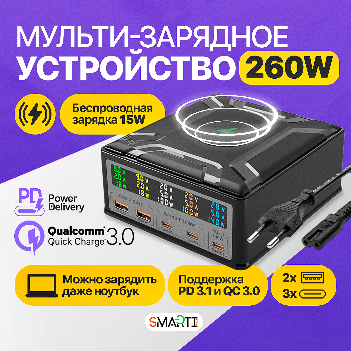 Сетевое зарядное устройство SmartiNext SN-CH260W 2xUSB Type A, 3xUSB Type-C 5 А