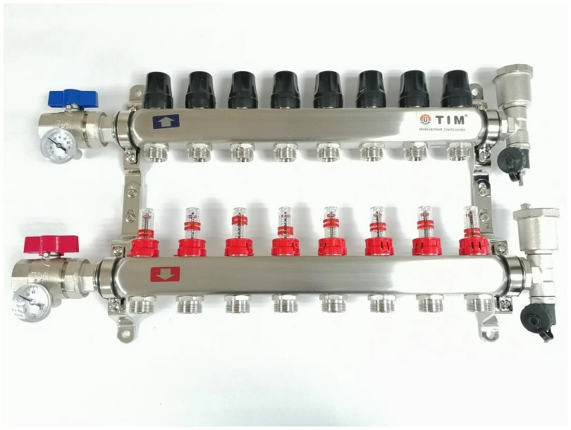 фото Коллектор для тёплого пола с расходомерами tim kas5008 на 8 выходов из нержавейки