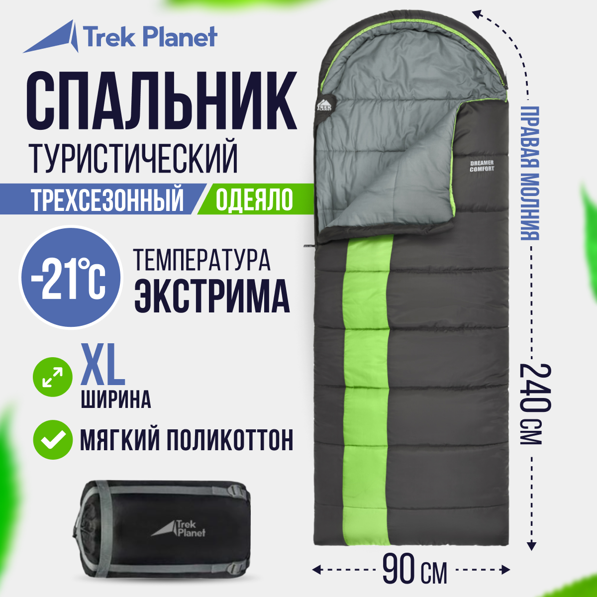 Спальный мешок Trek Planet Dreamer Comfort green/grey, правый