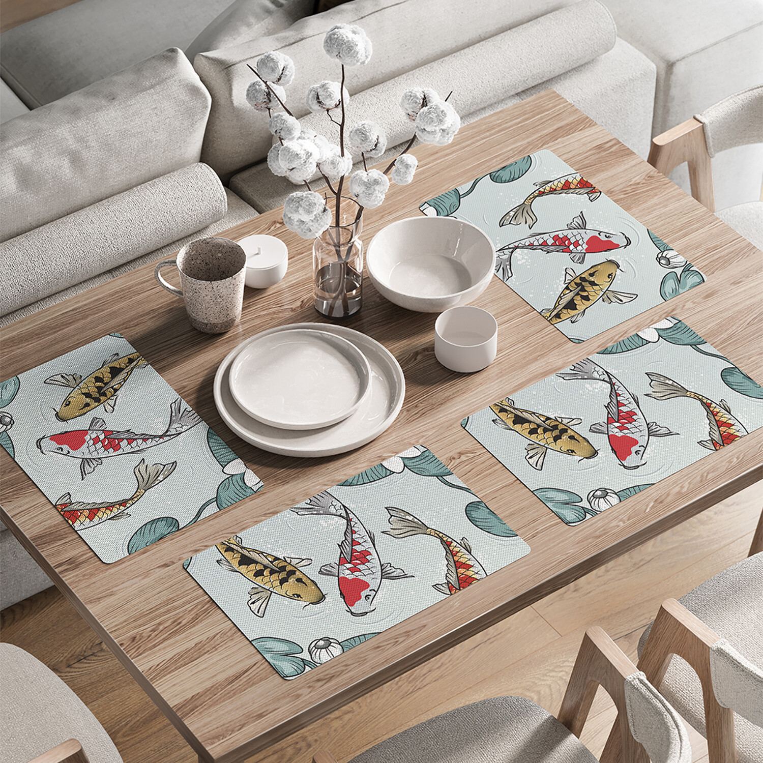 

Комплект тканевых салфеток JoyArty Кои среди лилий для сервировки стола 46x30 см, 4шт, Серый, Кои среди лилий