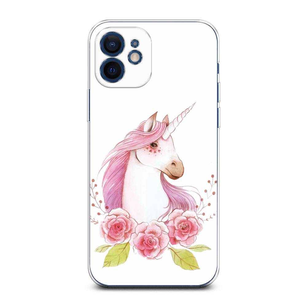 

Чехол на Apple iPhone 12 Mini "Единорог цветы", Белый;розовый;серый, 12650-1