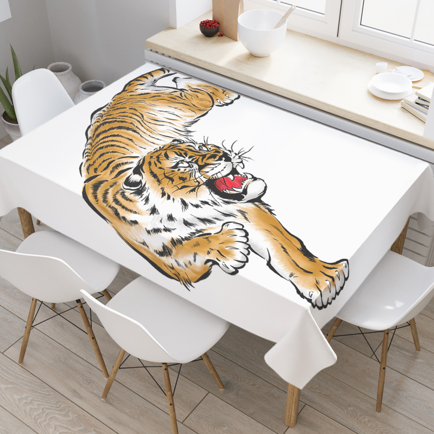 фото Скатерть прямоугольная joyarty "тигр на охоте" из оксфорда, 120x145 см