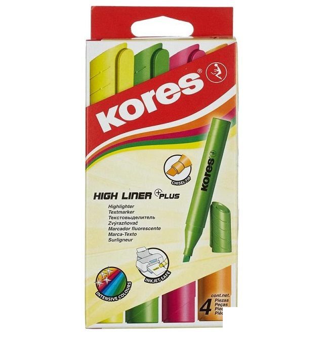Набор маркеров-текстовыделителей Kores (1-5мм, желтый/зеленый/оранжевый/розовый) 4шт, 9 уп