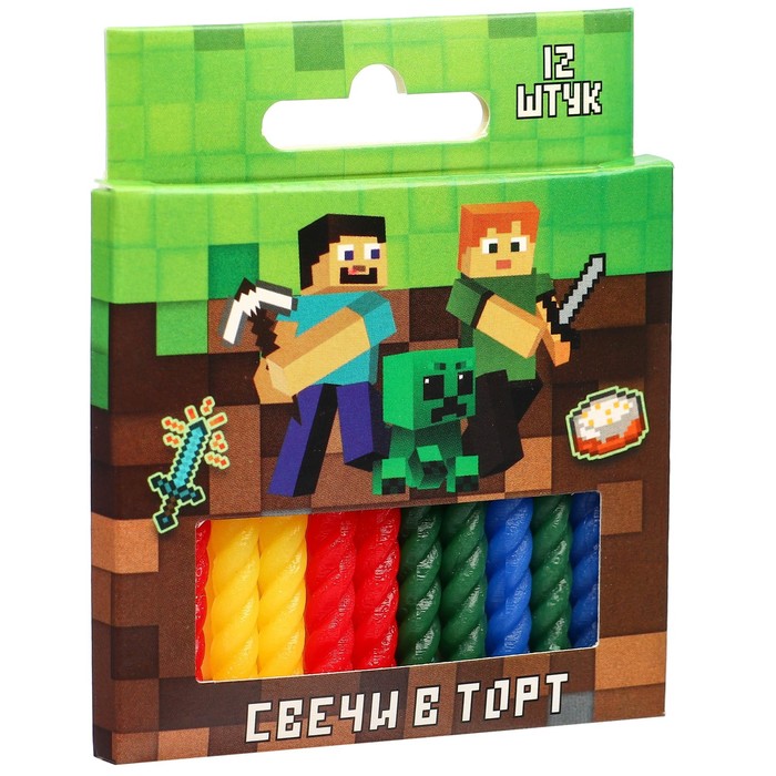 

Набор витых свечей С Днем Рождения в торт 12 шт, Minecraft