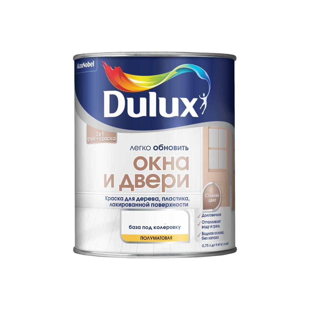 Краска Dulux Окна и двери полуматовая, BC, 750 мл