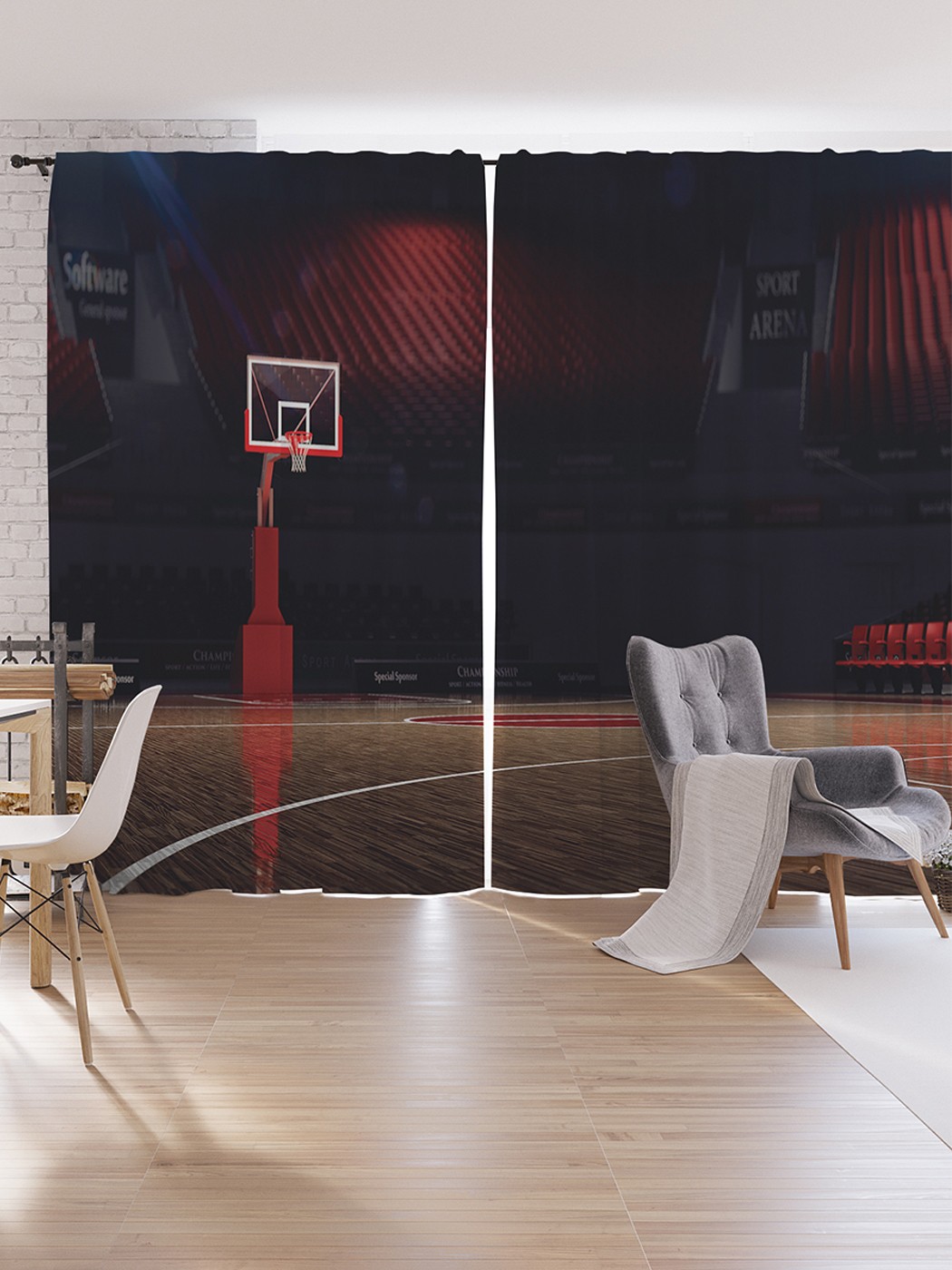 фото Шторы под лён joyarty "пустой баскетбольный зал", серия oxford delux, 340х265 см