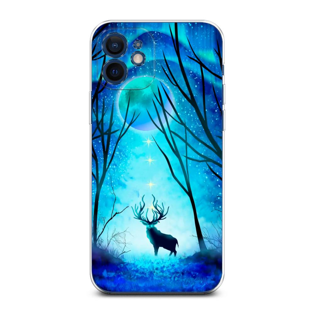 

Чехол на Apple iPhone 12 Mini "Олень северное сияние", Синий;черный;голубой, 12650-1