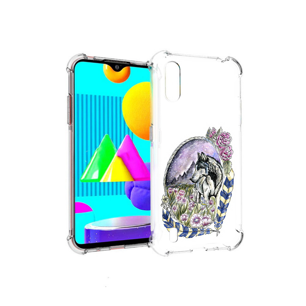 

Чехол MyPads Tocco для Samsung Galaxy M01 нарисованный волк в цветах с перьями, Прозрачный, Tocco