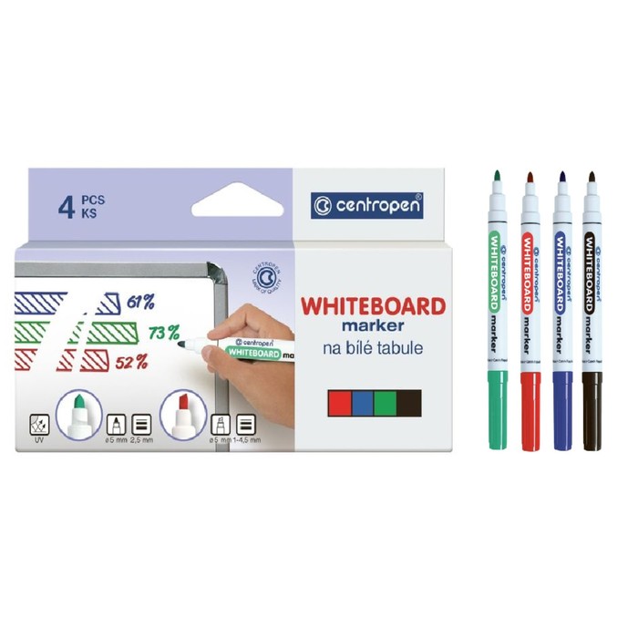 

Набор маркеров для доски 4а 5.0 мм Centropen 8559, линия 2,5 мм, круглые, Зеленый;черный;синий;красный