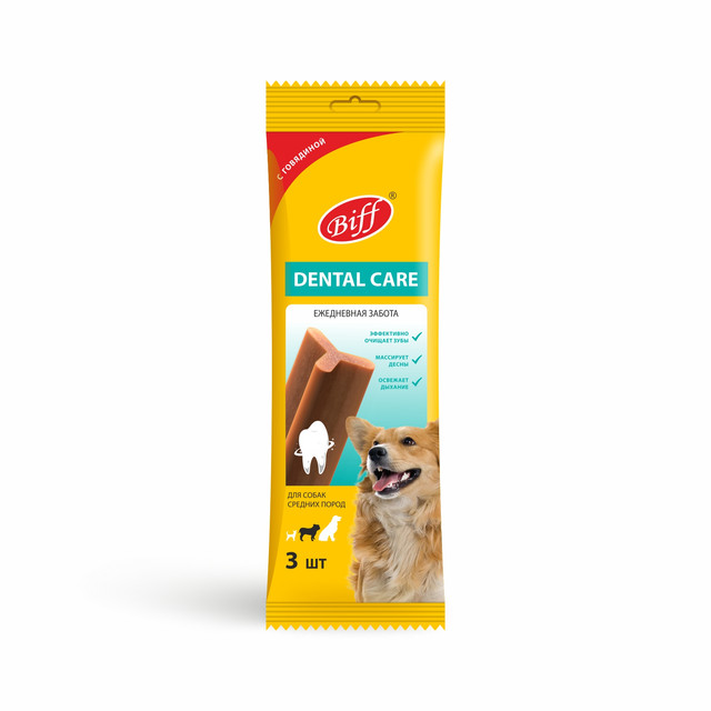 Лакомство для собак Biff Dental Care, снек для чистки зубов со вкусом говядины, 77г