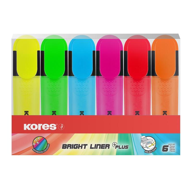 Набор маркеров-текстовыделителей Kores Bright Liner Plus (1-5мм, 6 цветов) 6шт., 10 уп.