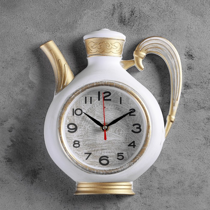 фото Часы настенные рубин серия: кухня, "чайник", 26,5х24 см, корпус белый с золотом (2622-002)