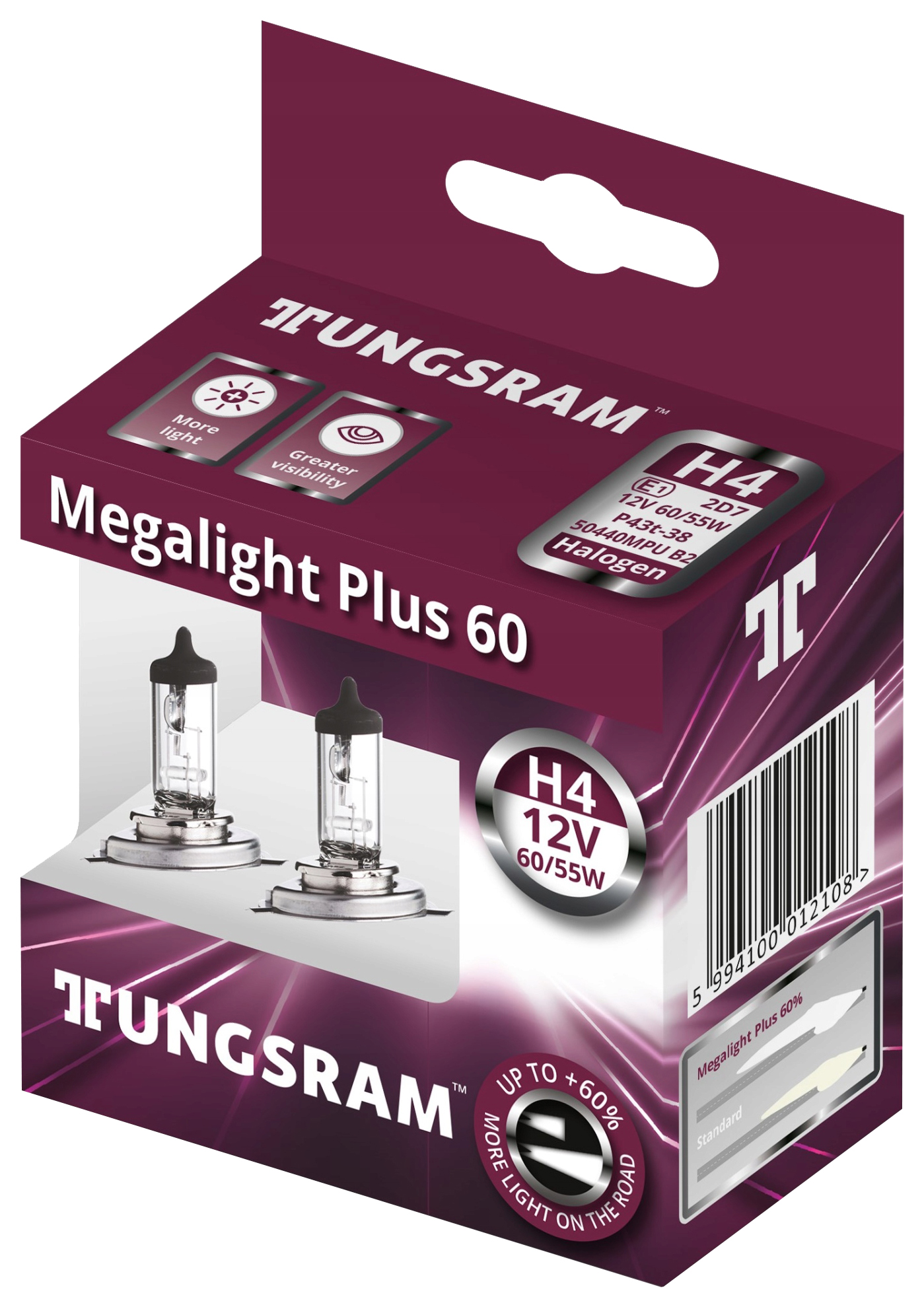 фото Галогенная лампа h4 12v- 60/55w (p43t) ( +60% света) megalight plus (к.уп.2шт.) 93106966 tungsram