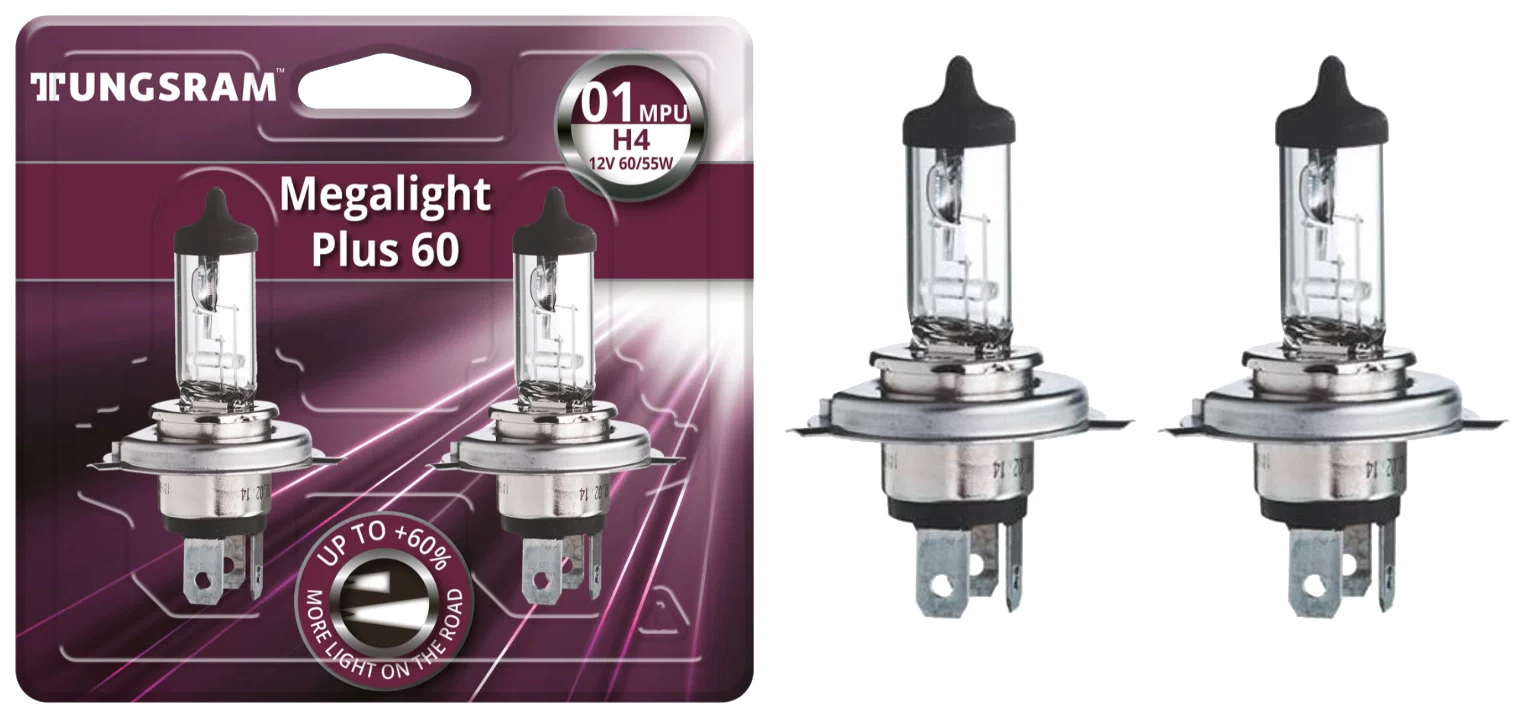 фото Галогенная лампа h4 12v- 60/55w (p43t) ( +60% света) megalight plus (2шт.) 93108029 tungsram