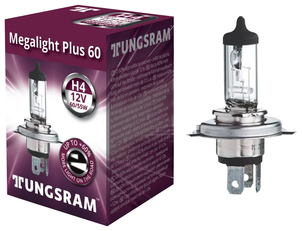 фото Галогенная лампа h4 12v- 60/55w (p43t) ( +60% света) megalight plus 93110960 tungsram