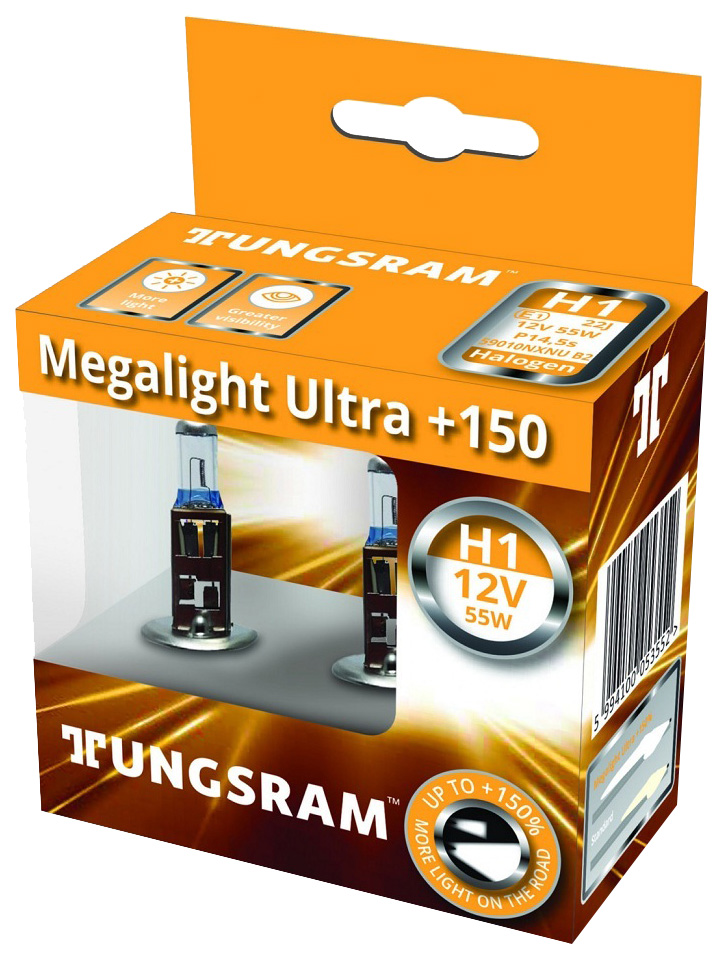 фото Галогенная лампа h1 12v- 55w (p14,5s) (+150% света) megalight ultra +150 (2шт.) 93116890 tungsram