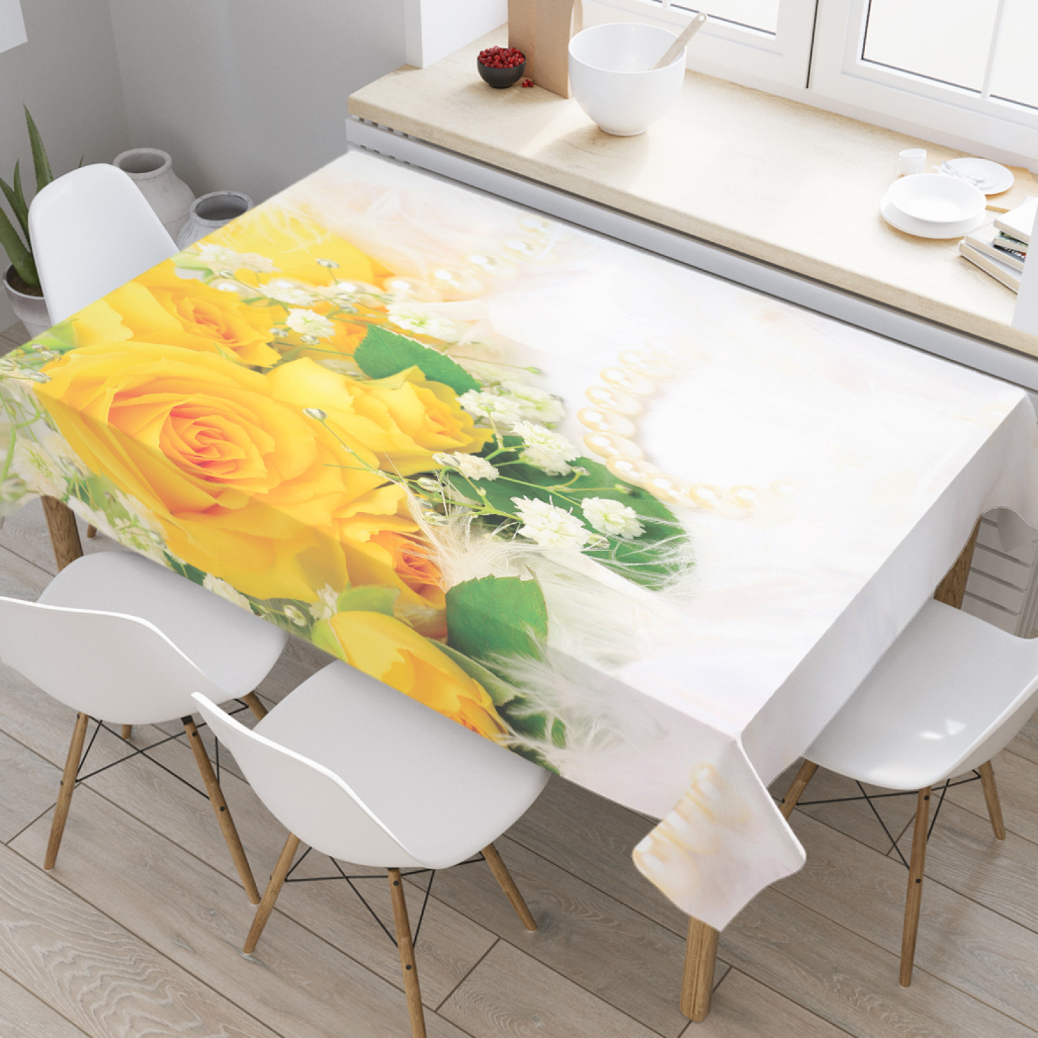 фото Скатерть прямоугольная joyarty "желтые розы и жемчуг" из оксфорда, 120x145 см