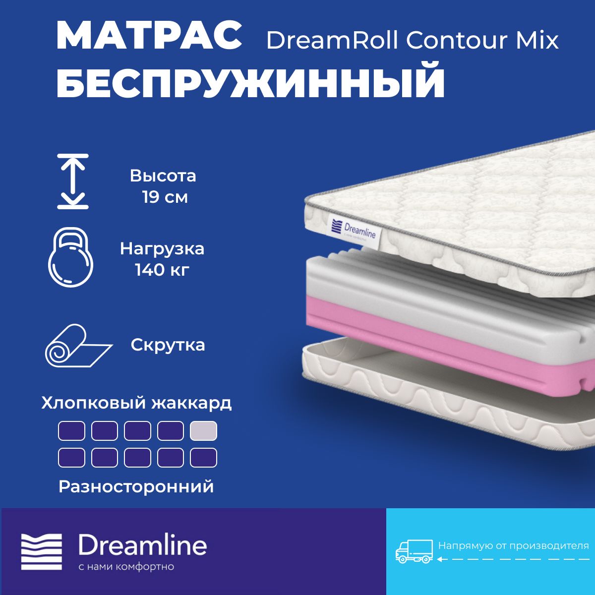 

Матрас Dreamline DreamRoll Contour Mix беспружинный 190х190 см, Белый, Contour Mix